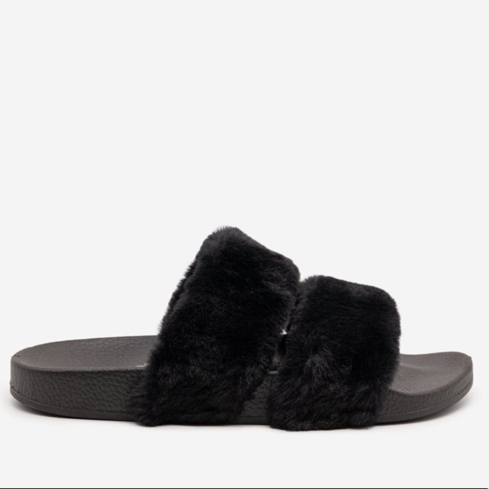 Black Double Band Faux Fur Slides Sandals Slippers - Picture 5 of 7